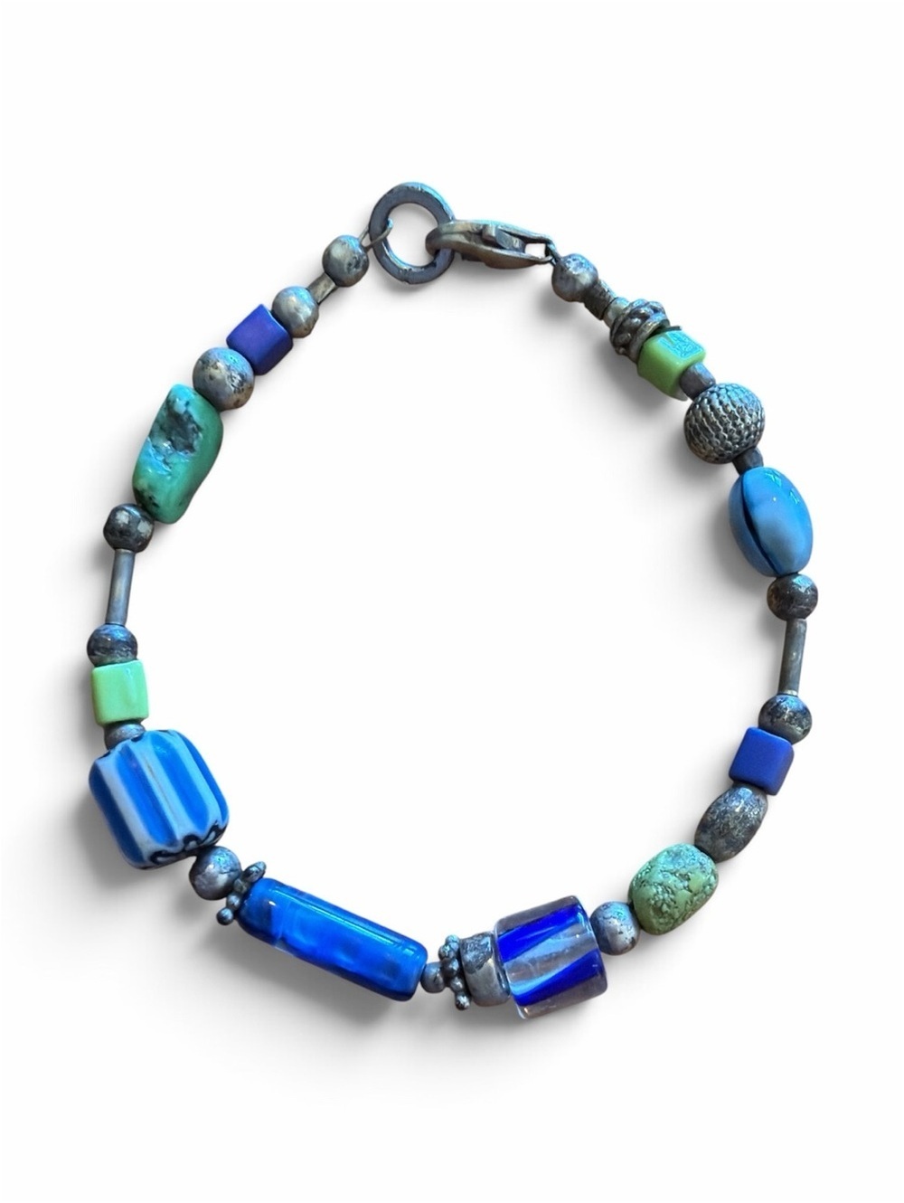 Boho Artisan Crafted Blue/Glass Bead Bracelet with Silver Accents